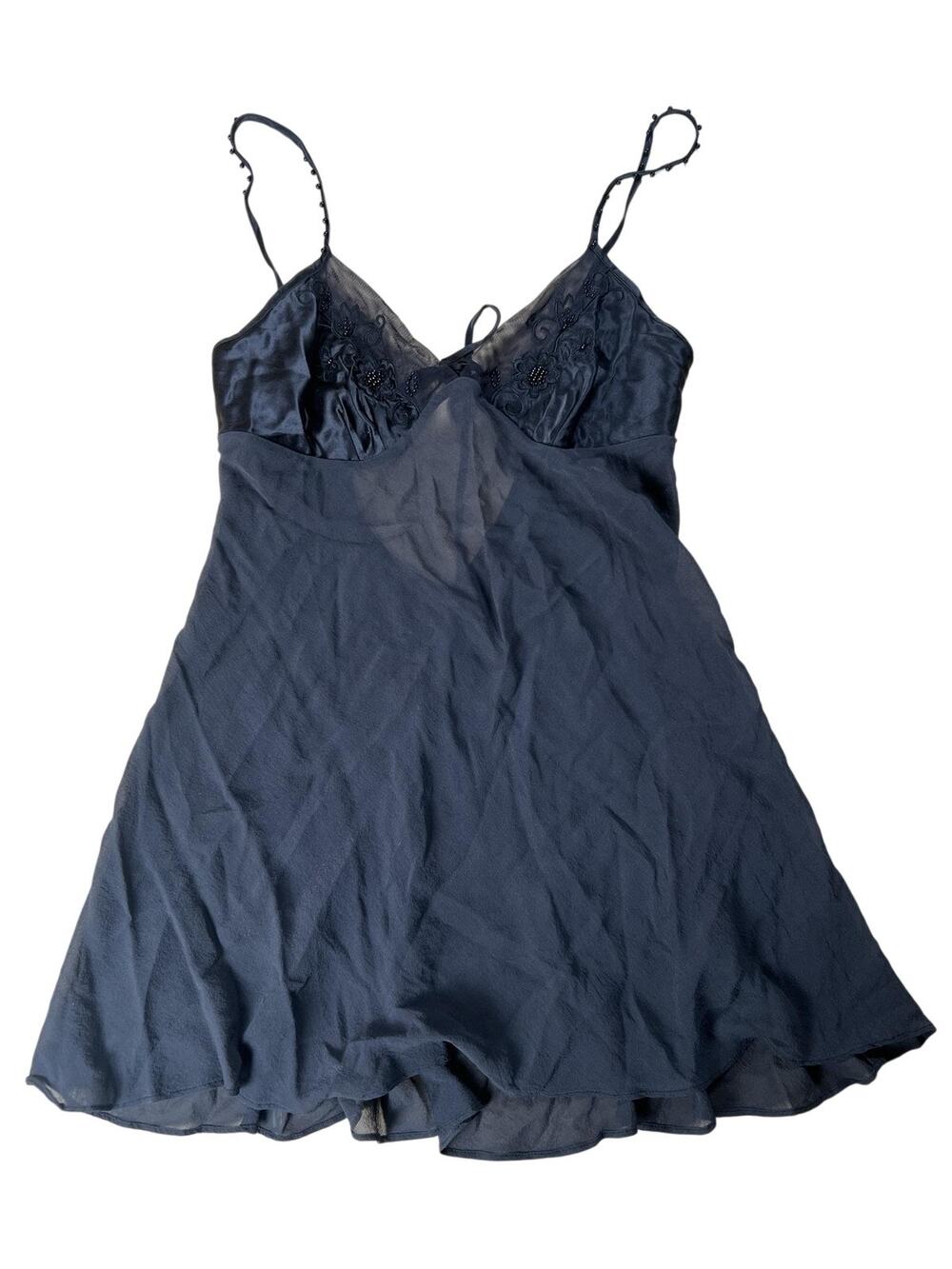 Victoria's Secret Chemise Womens S Black Chiffon Lace Beaded Straps Lingerie